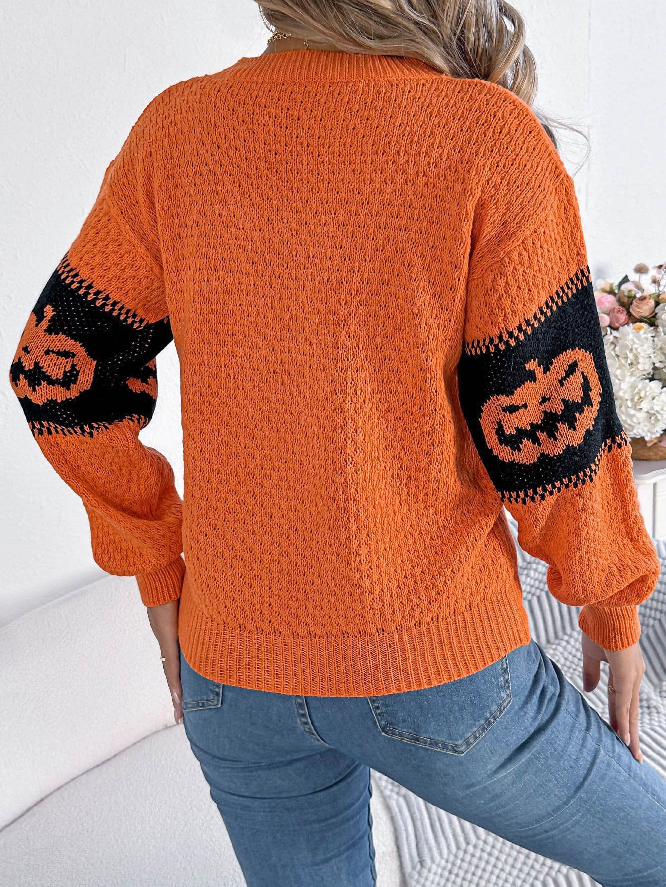 Pull en tricot à col rond et blocs de couleurs à tête de citrouille d'Halloween 