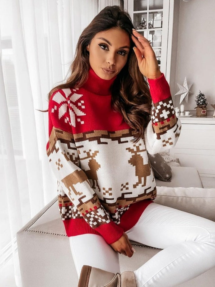 Pull tricoté avec motif renne et flocon de neige brodé 