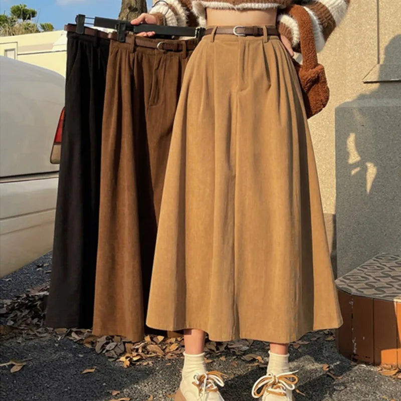 Isabel | Damen Faltenrock mit Hoher Taille – Vintage Cord Unifarbe