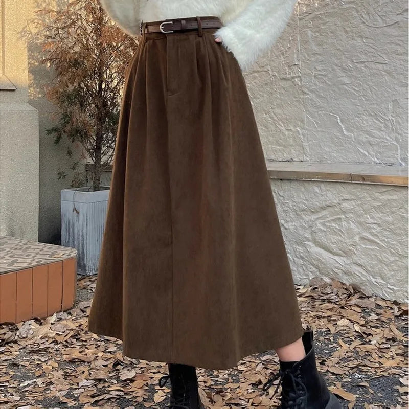 Isabel | Damen Faltenrock mit Hoher Taille – Vintage Cord Unifarbe