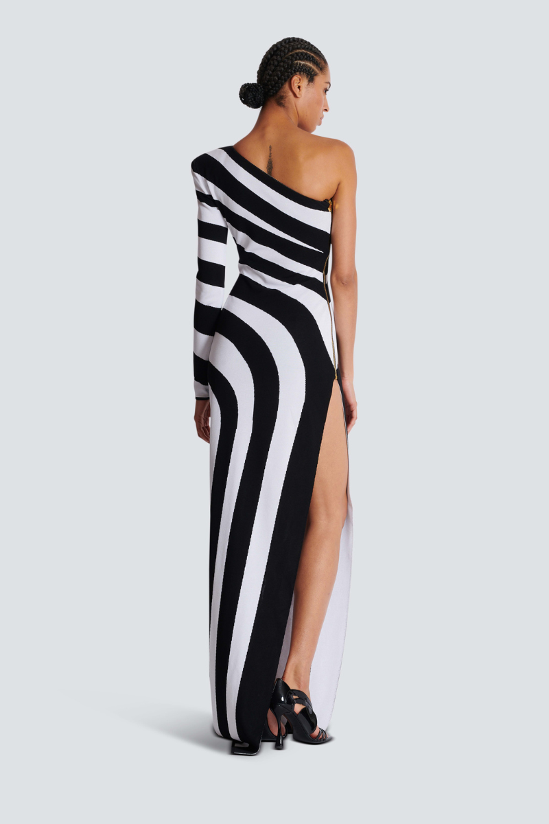 Robe longue asymétrique rayée à une épaule Alizea