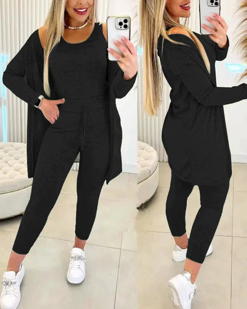 Jella – Ensemble 3 pièces avec haut col rond, pantalon et cardigan