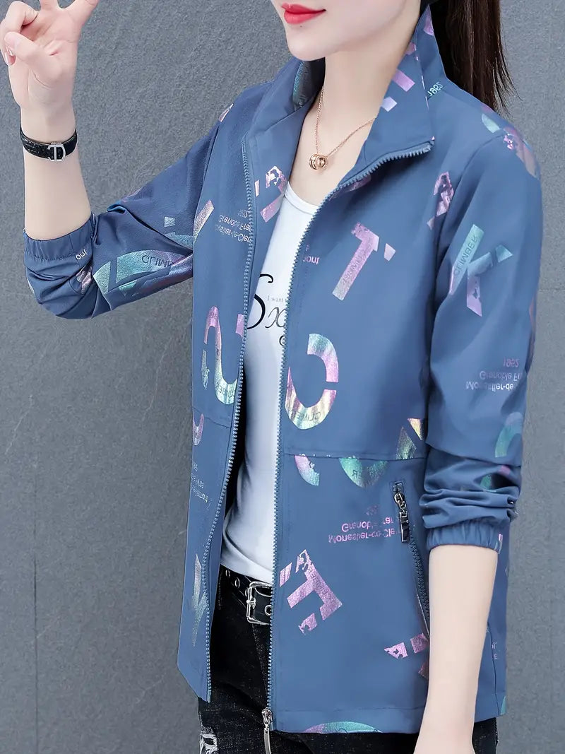 Yuvin | Veste coupe-vent décontractée à manches longues et fermeture éclair avec imprimé lettre
