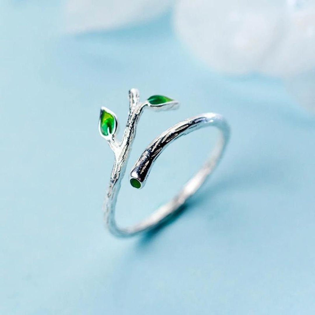 Bague feuille réglable avec émail vert en argent sterling 