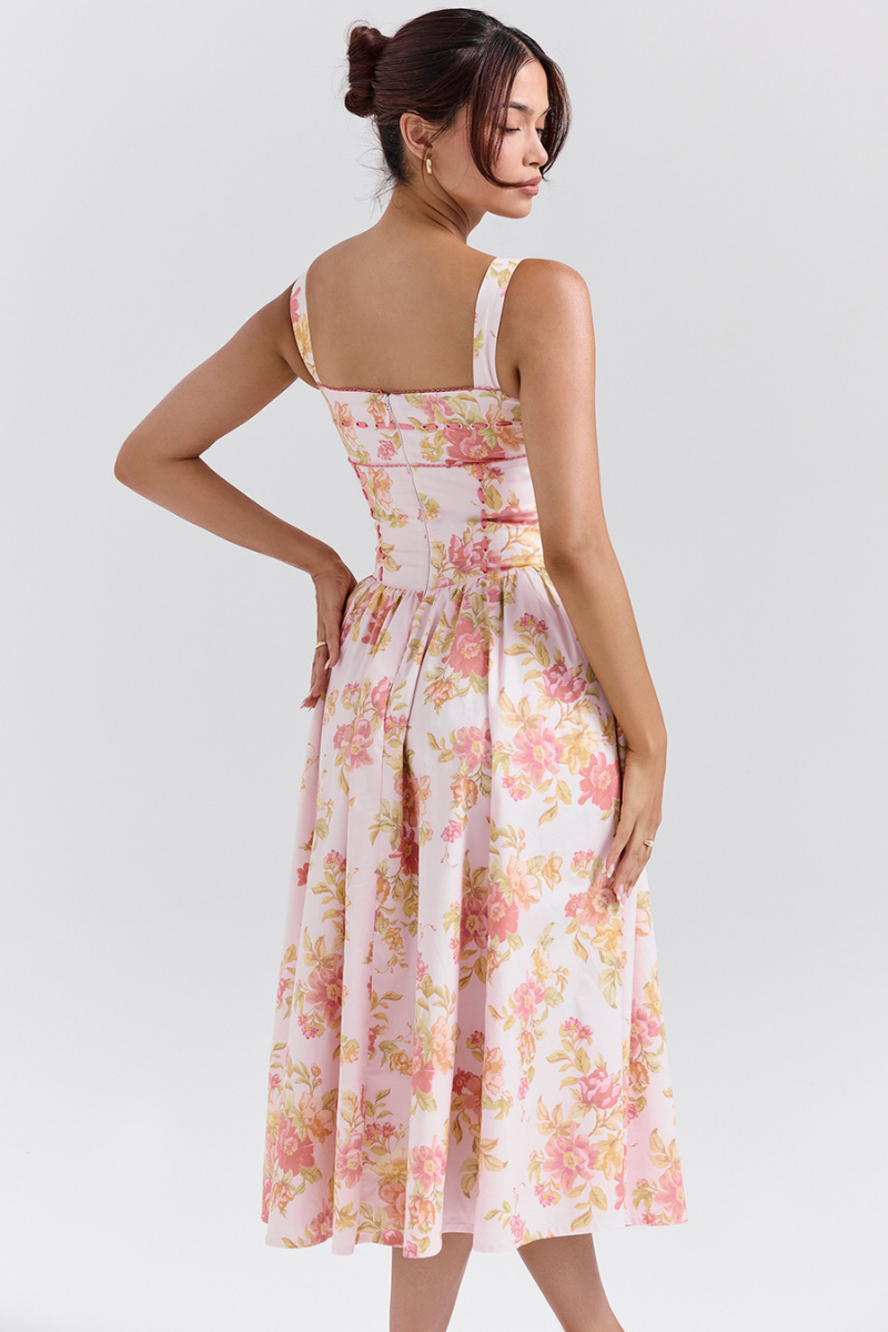 Cybèle – Pfirsichfarbenes Midikleid mit Mohndruck