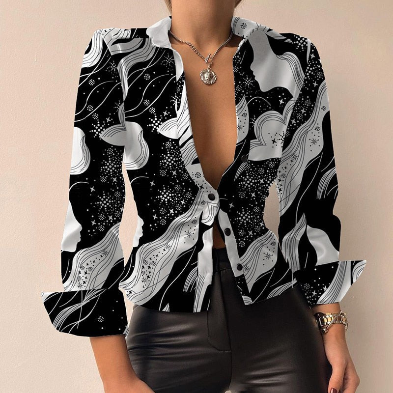 Schicke V-Ausschnitt PU-Leder bedruckte Patchwork-Bluse