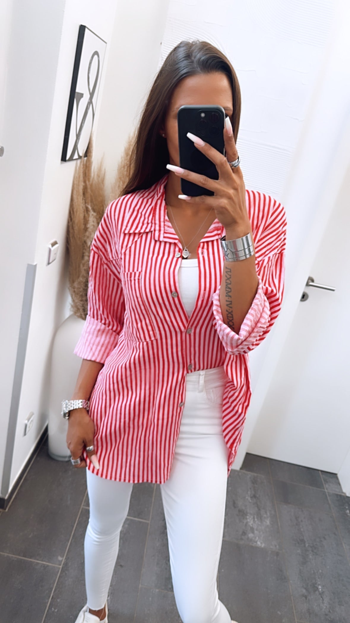 Baumwoll Bluse mit Brusttasche, gestreift / rot - pink Art. 6749