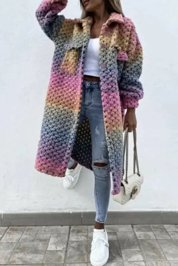 Sarah – long manteau tressé aux couleurs de l'arc-en-ciel