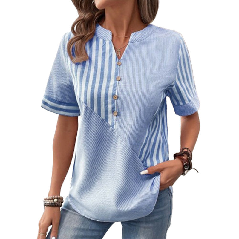 Bellachicha V-Ausschnitt Asymmetrisches Streifen-Patchwork-Top