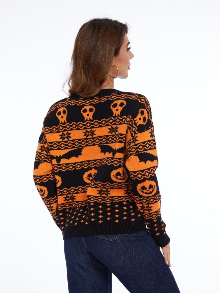 Pull en tricot à col rond avec motif citrouille d'Halloween 