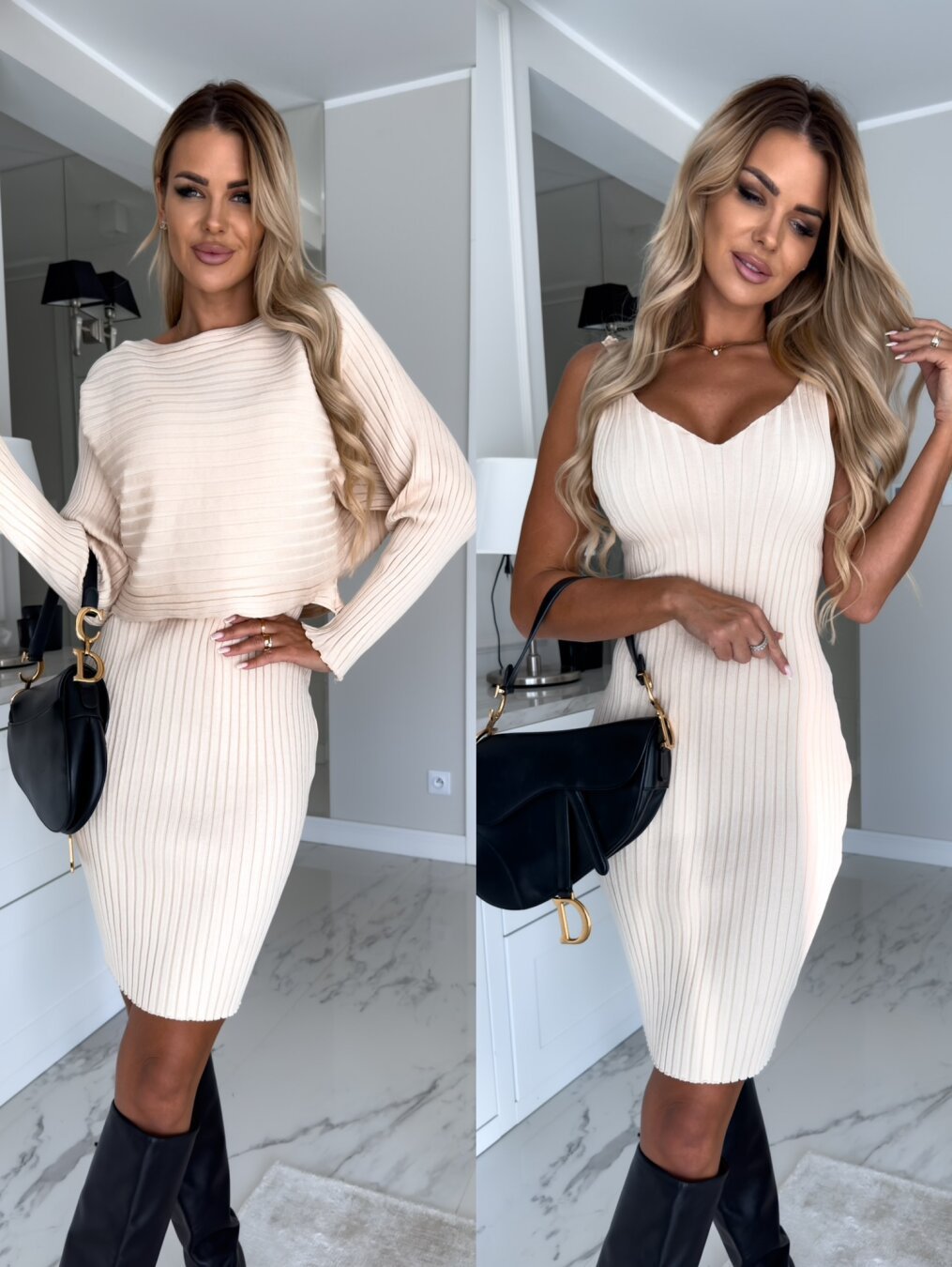 Bellachicha Damen Herbst versunkener Streifen Langarm Top Hosenträger Rock