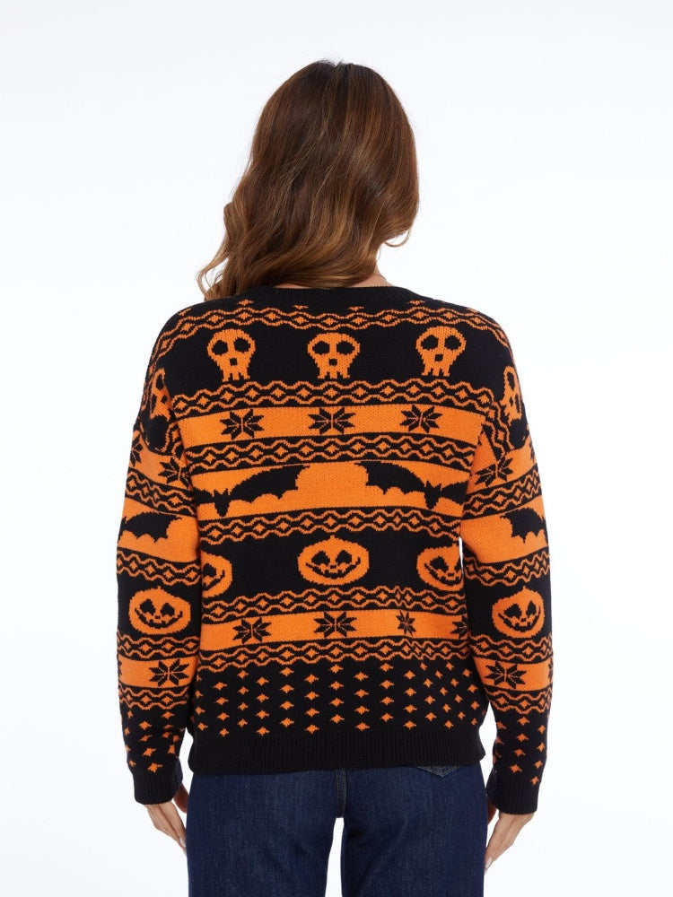 Pull en tricot à col rond avec motif citrouille d'Halloween 