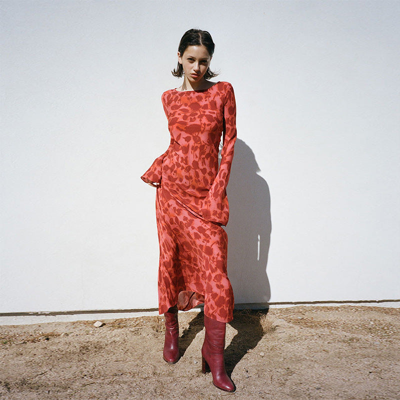 Clara - Robe imprimée rouge à manches longues