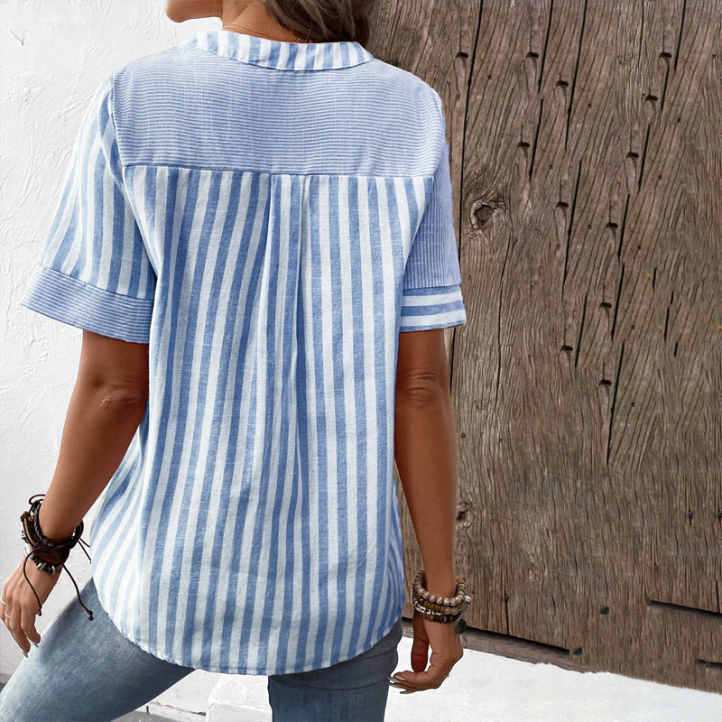 Bellachicha V-Ausschnitt Asymmetrisches Streifen-Patchwork-Top