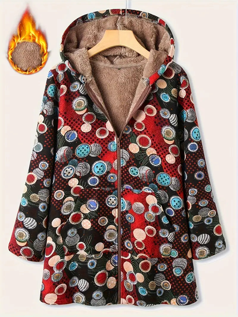 Yurea | Manteau imprimé allover avec capuche, décontracté, poches, doublé polaire