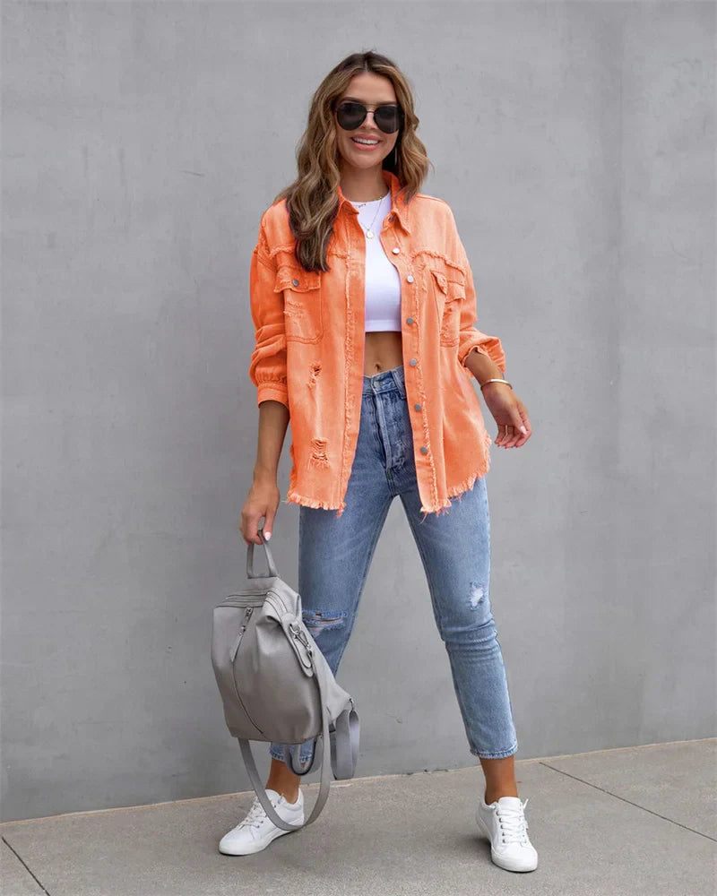Anna® I Veste en jean à bords bruts, printemps, rose, orange, violet