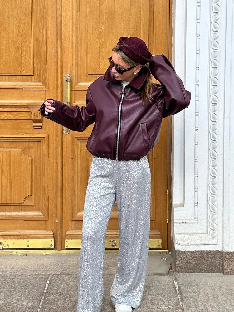 Aya | Veste vintage en cuir PU pour femme avec col à revers 