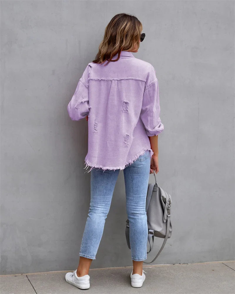 Anna® I Veste en jean à bords bruts, printemps, rose, orange, violet