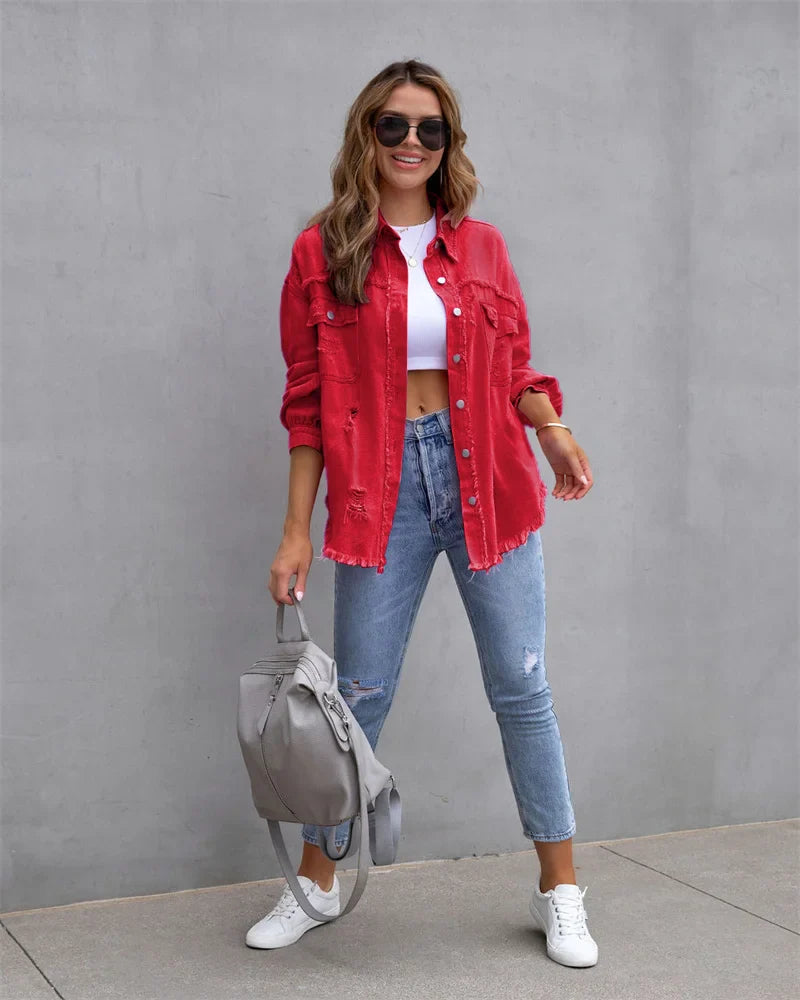 Anna® I Veste en jean à bords bruts, printemps, rose, orange, violet
