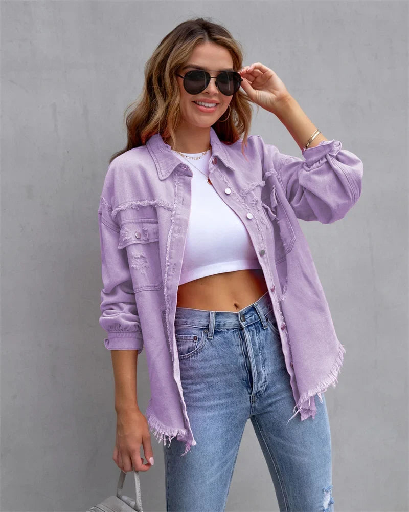 Anna® I Veste en jean à bords bruts, printemps, rose, orange, violet