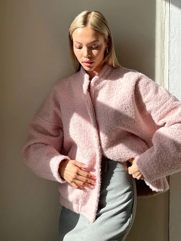 Arvid | Veste décontractée en fourrure rose à col montant pour femme 