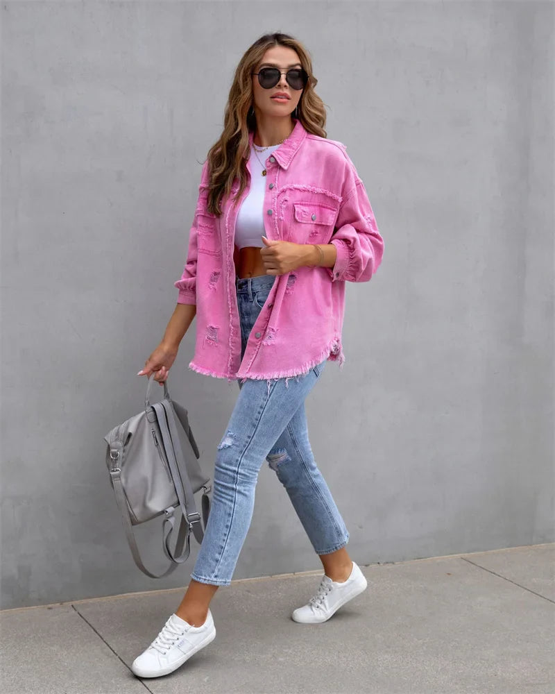 Anna® I Veste en jean à bords bruts, printemps, rose, orange, violet