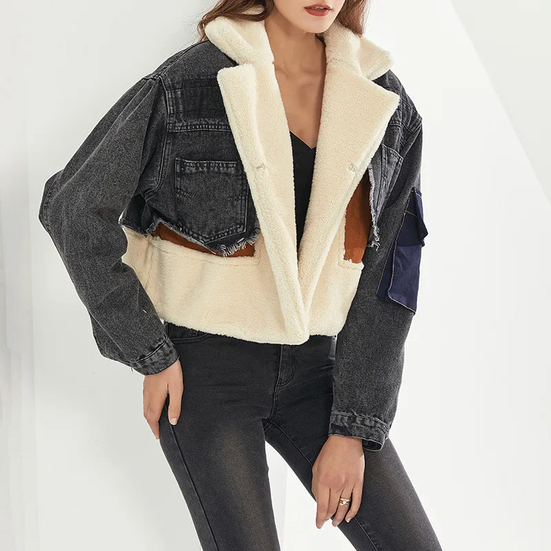 Anya | Manteau en laine d'agneau pour femme avec denim et contraste de couleurs pour l'hiver 