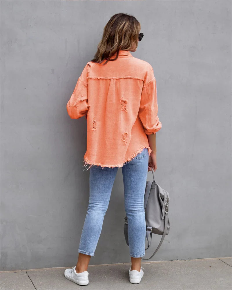 Anna® I Veste en jean à bords bruts, printemps, rose, orange, violet
