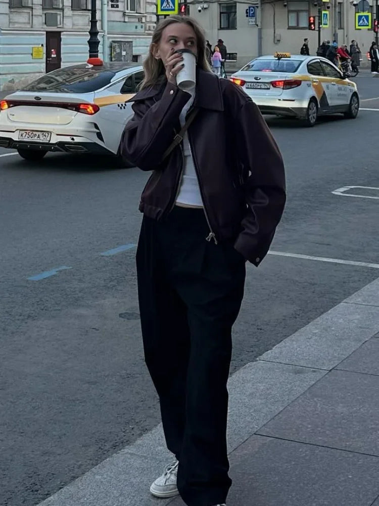 Aya | Veste vintage en cuir PU pour femme avec col à revers 