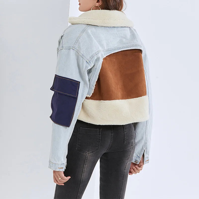 Anya | Manteau en laine d'agneau pour femme avec denim et contraste de couleurs pour l'hiver 