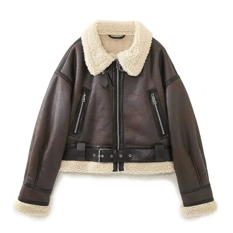 Zoé | Veste chaude en peau lainée pour femme avec ceinture 