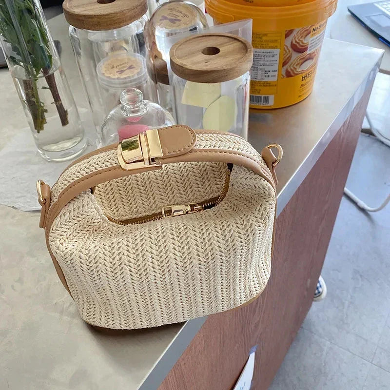 Bellachicha - Sac bandoulière en paille tricotée style bohème pour femme, modèle seau avec fermeture éclair