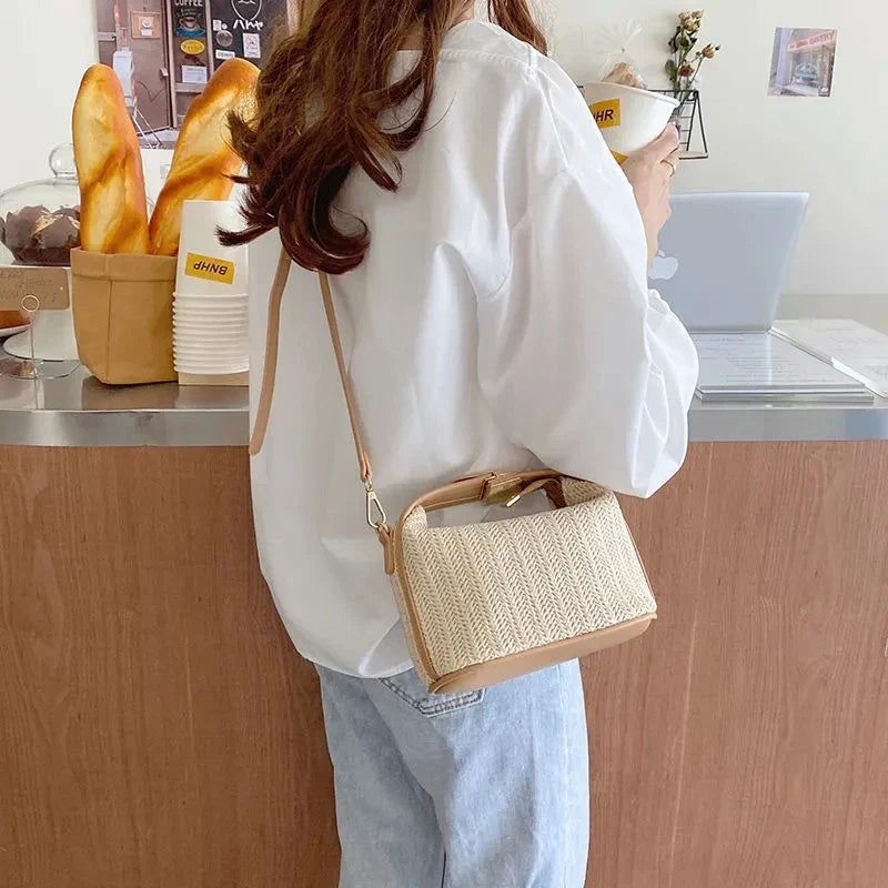 Bellachicha - Sac bandoulière en paille tricotée style bohème pour femme, modèle seau avec fermeture éclair