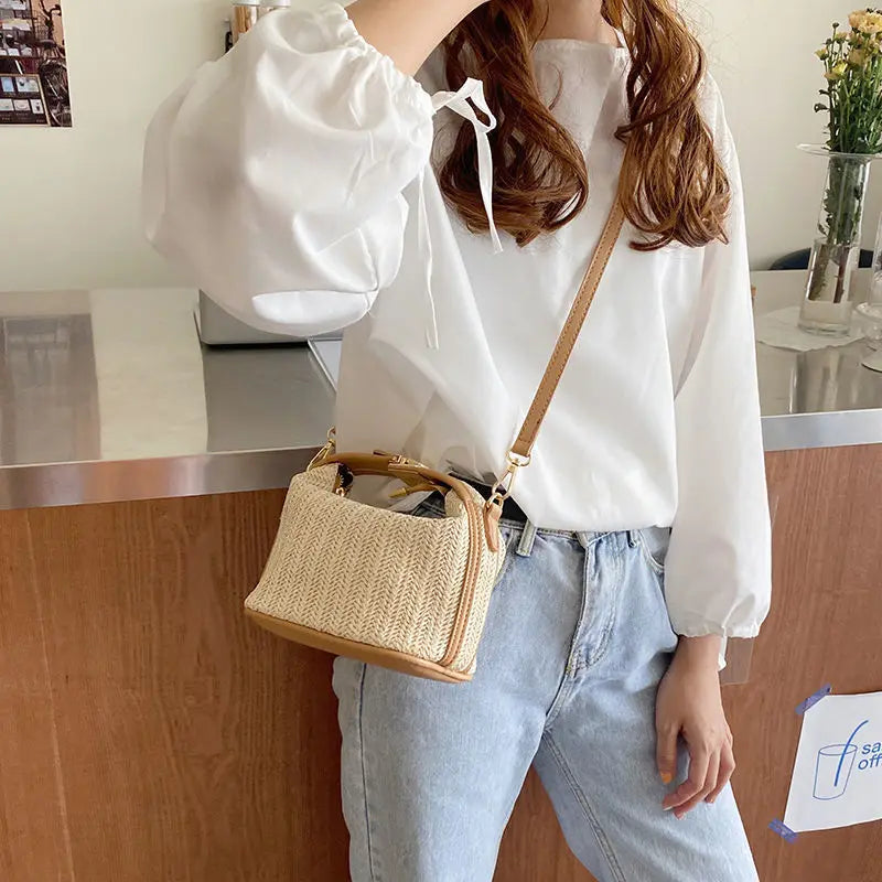 Bellachicha - Sac bandoulière en paille tricotée style bohème pour femme, modèle seau avec fermeture éclair