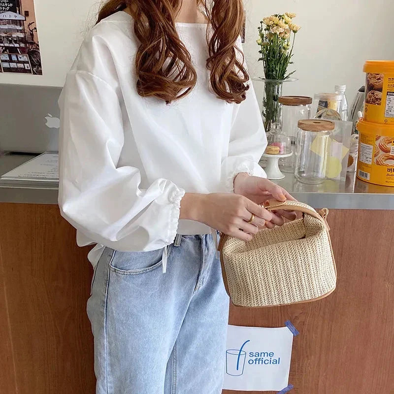 Bellachicha - Sac bandoulière en paille tricotée style bohème pour femme, modèle seau avec fermeture éclair