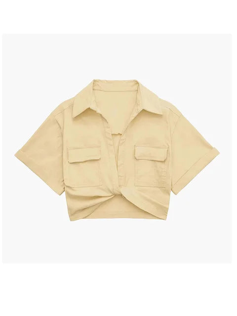 Bellachicha - Damen Vintage Kurzarm Leinen Crop Shirt