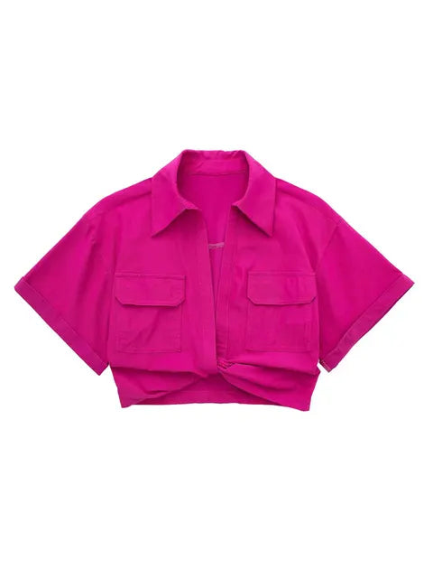 Bellachicha - Damen Vintage Kurzarm Leinen Crop Shirt