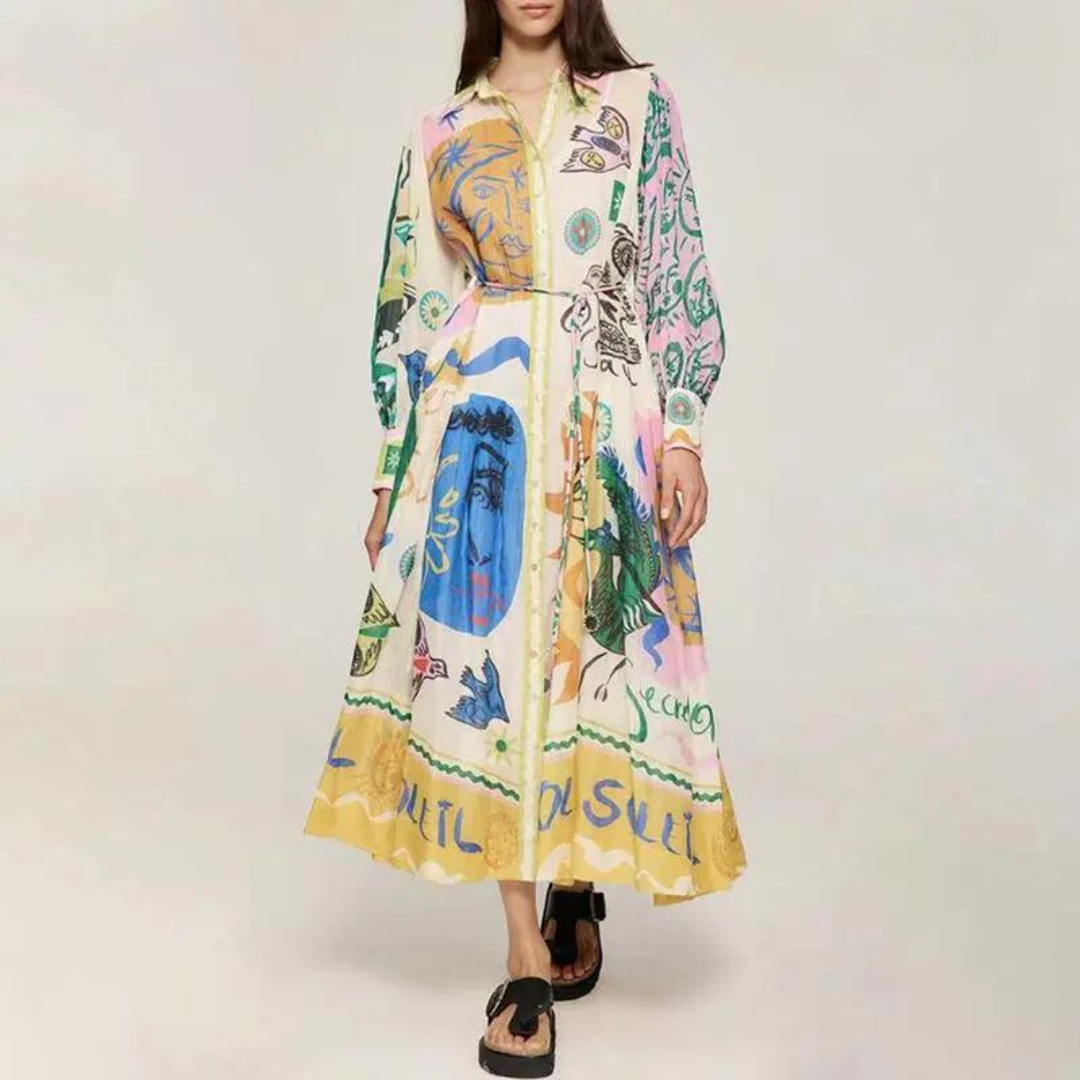 Karol - Langes Damenkleid mit Vintage-Print und Polokragen