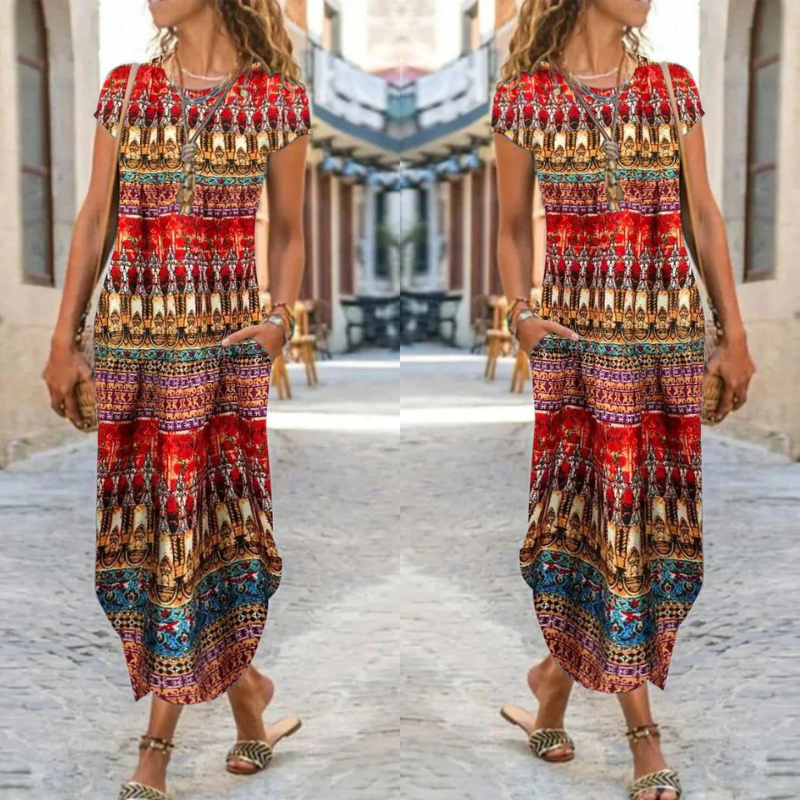 Antonia - Rotes Maxikleid mit kurzen Ärmeln und rundem Ausschnitt