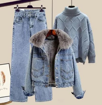 Wivarael | Ensemble trois pièces composé d'un jean, d'une veste en jean et d'un pull en maille à col montant