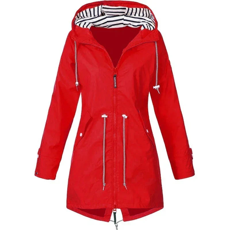 Damen wasserdichter Hoodie-Trenchcoat mit Taillenkordelzug, Reißverschluss und Außentaschen