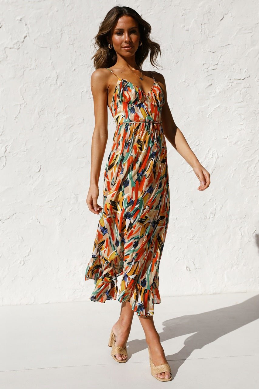 Adela bedrucktes Midi-Sommerkleid mit Rüschenbesatz