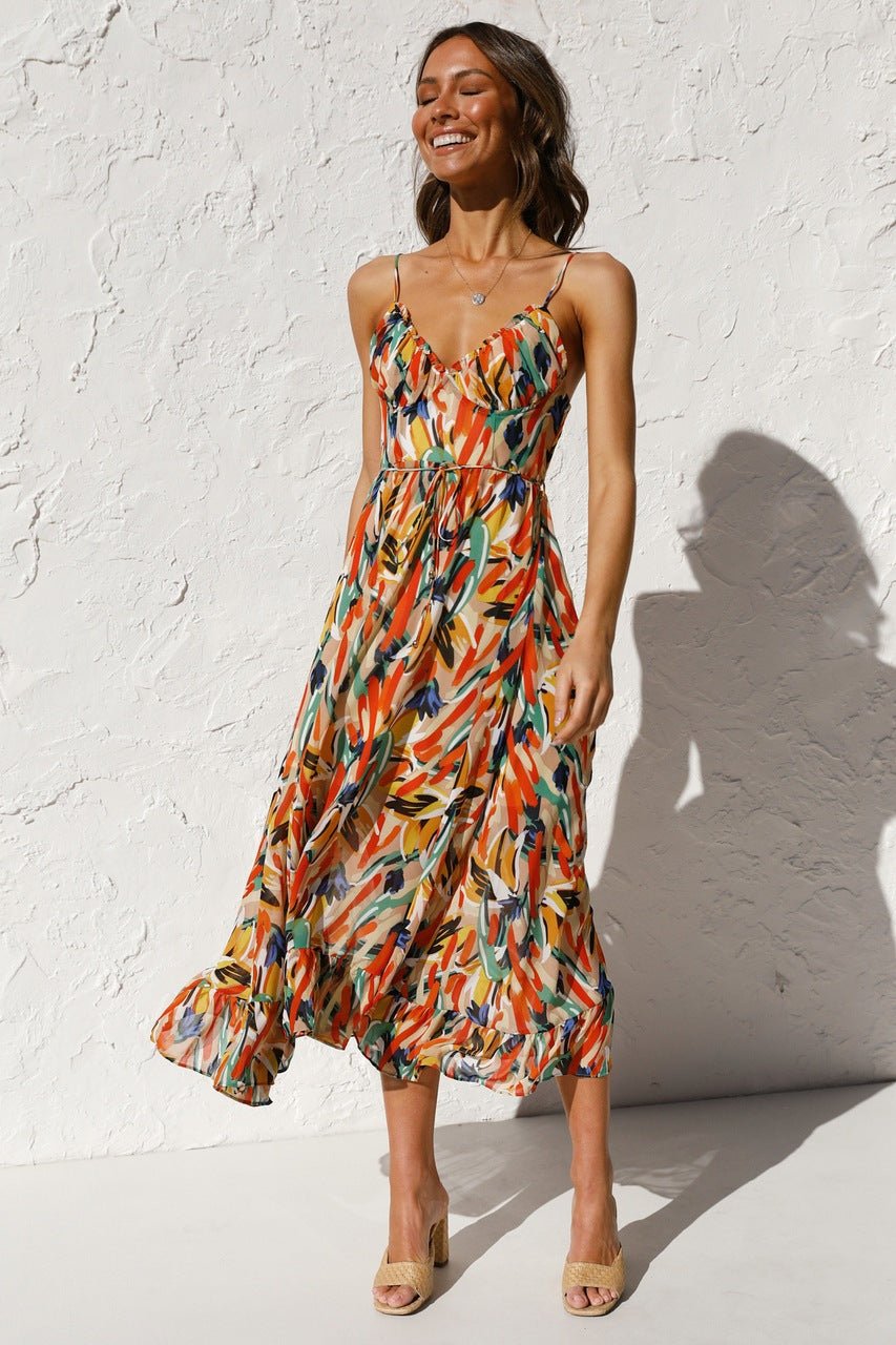 Adela bedrucktes Midi-Sommerkleid mit Rüschenbesatz