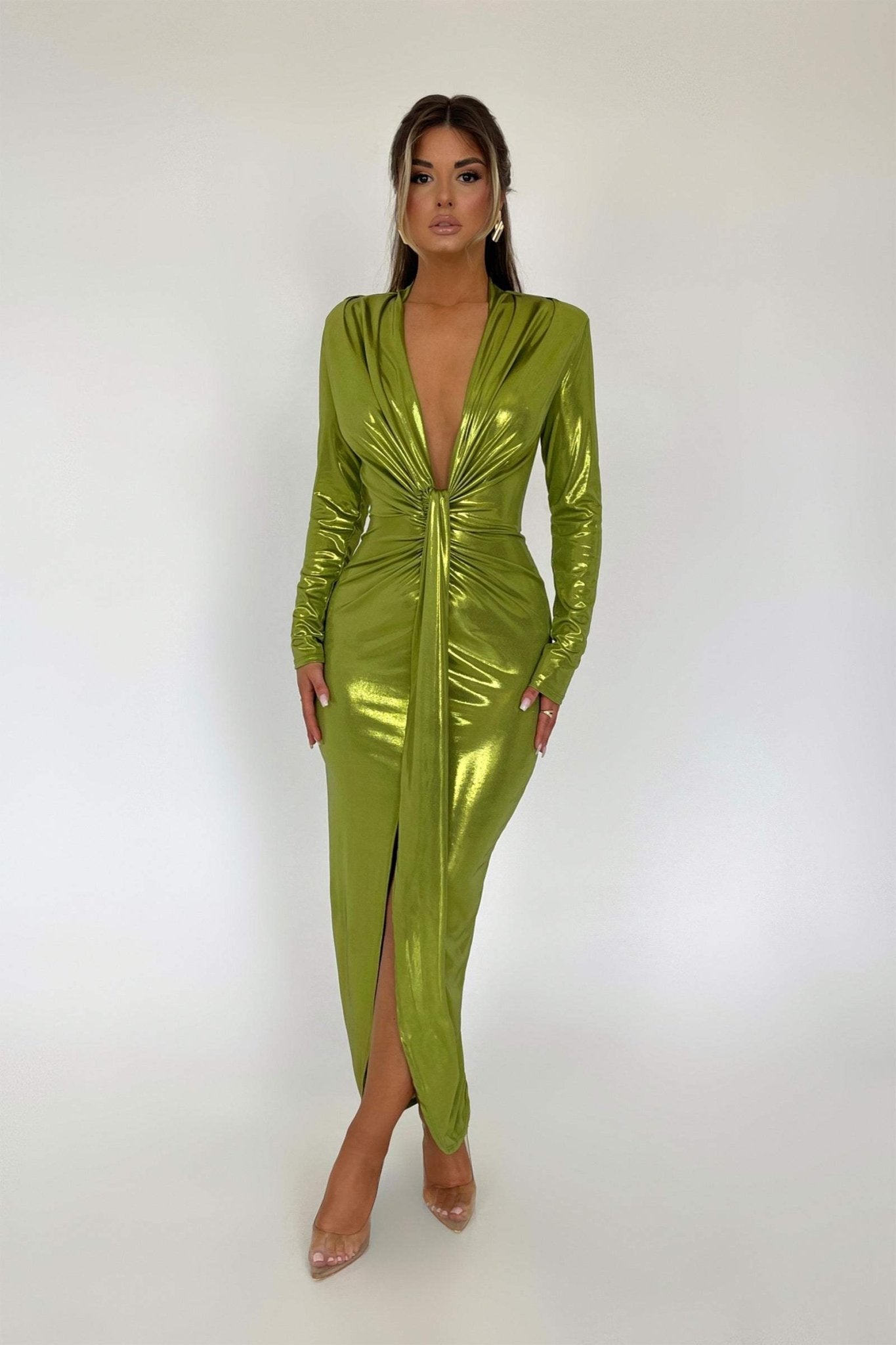 Ailiyah – Metallic-Midikleid mit V-Ausschnitt und Schlitz