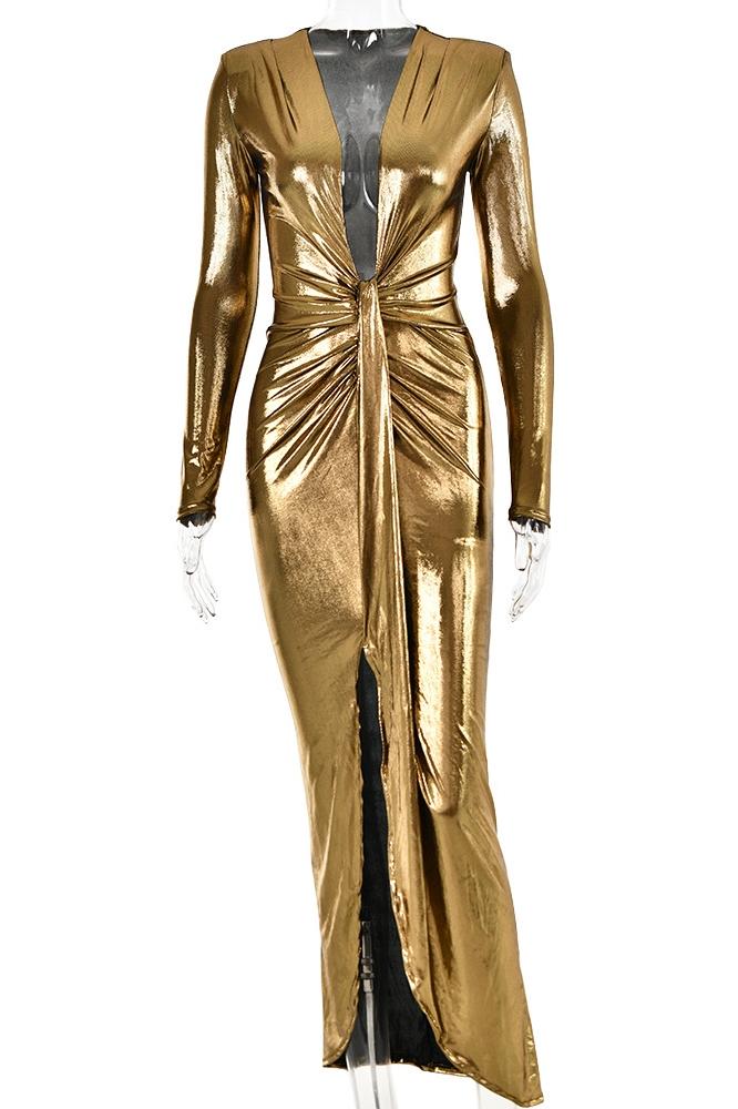 Ailiyah – Metallic-Midikleid mit V-Ausschnitt und Schlitz