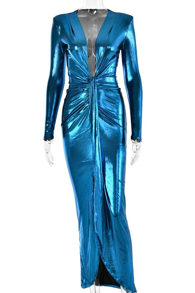 Ailiyah – Metallic-Midikleid mit V-Ausschnitt und Schlitz