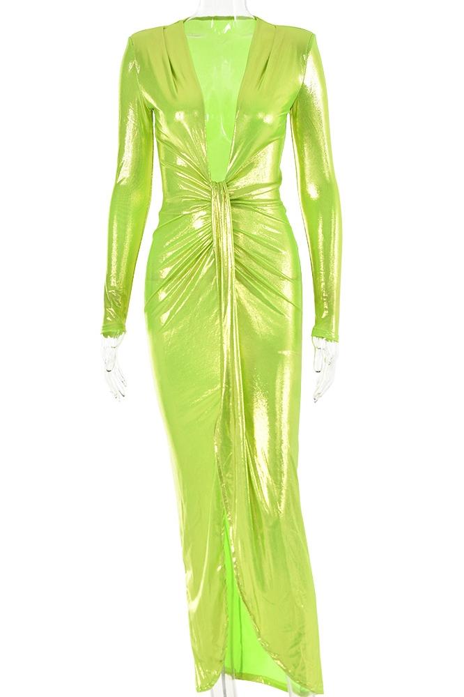 Ailiyah – Metallic-Midikleid mit V-Ausschnitt und Schlitz