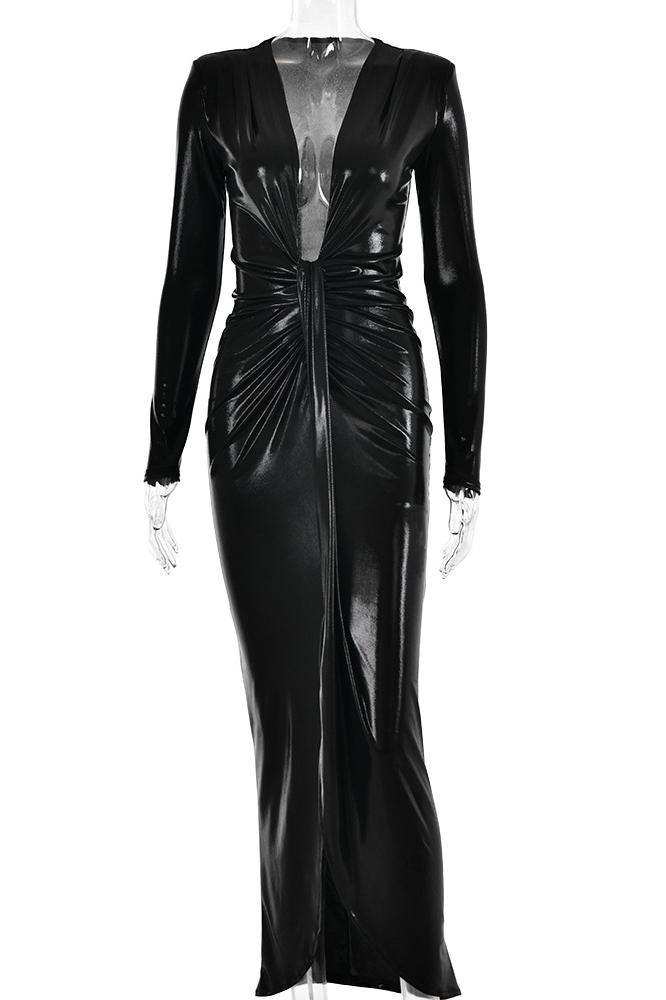 Ailiyah – Metallic-Midikleid mit V-Ausschnitt und Schlitz