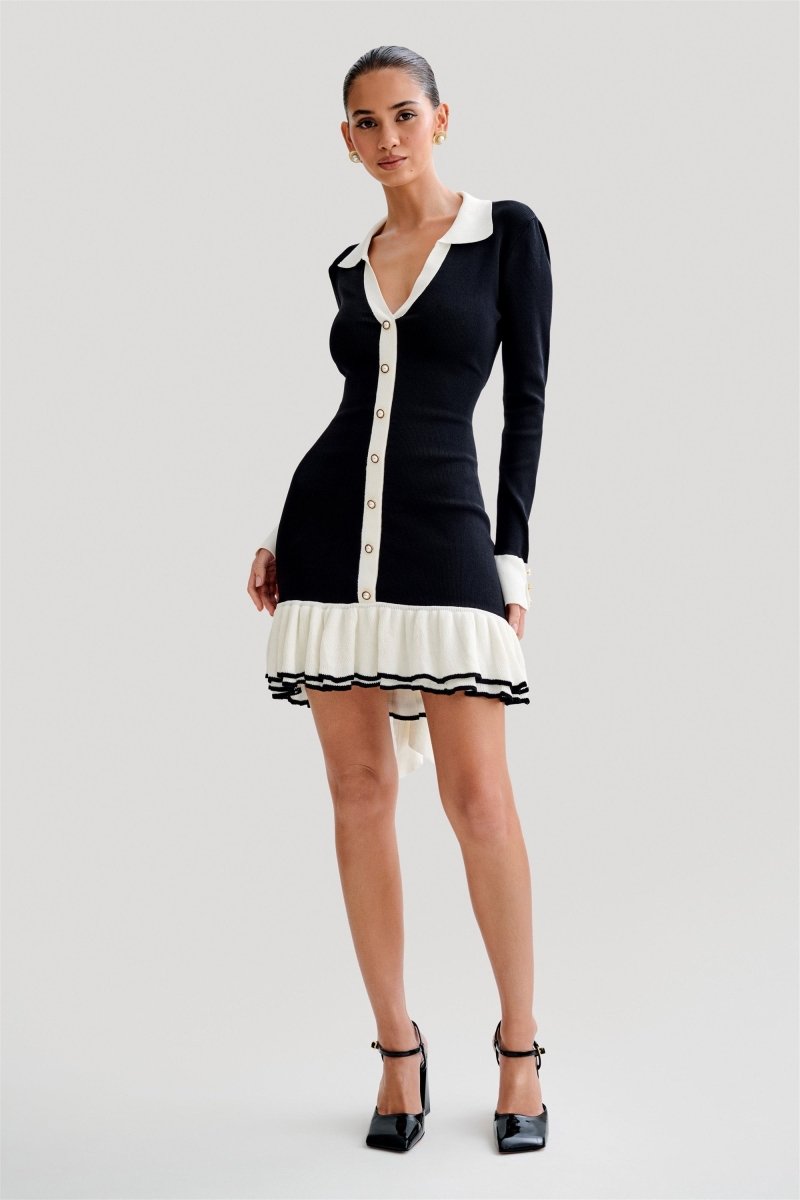 Robe mini en maille Alexia avec nœud à volants contrastant