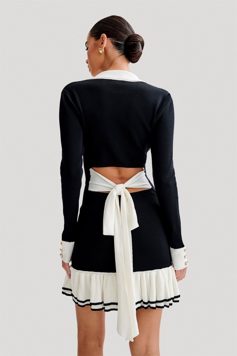 Robe mini en maille Alexia avec nœud à volants contrastant